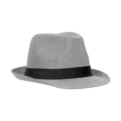 Classic grey fedora hat with black ribbon band isolated on transparent background for fashion and style concepts
