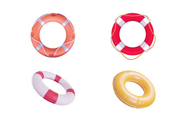 Four colorful life preserver rings or buoy rings for water safety and rescue isolated on transparent background