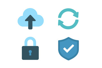 Cloud storage icons representing upload, sync, lock, and security in a simple digital interface