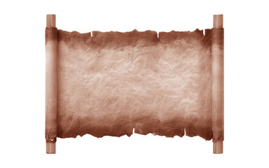 Ancient aged parchment scroll with torn edges and wooden rollers isolated on transparent background
