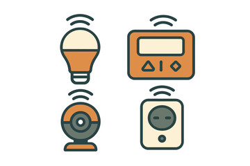 Collection of smart home devices including a light bulb, timer, camera, and smart plug