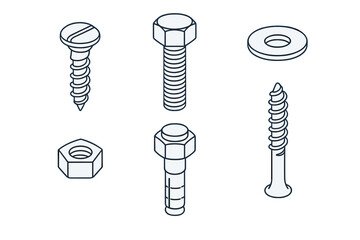Various types of screws, bolts, and nuts arranged for display in a simple design