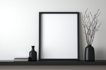A white frame stands against a white wall with a vase and flower. The clean minimal design is perfect for mockup and modern interior styling.
