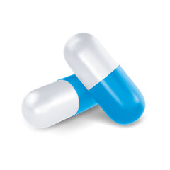 Two blue and white gelatin capsules for medication or supplements lying on a transparent background isolated on transparent background