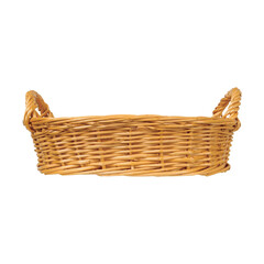 Woven wicker rectangular basket with two handles for carrying or storage isolated on transparent...