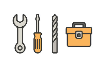 Tools for home improvement featuring a wrench, screwdriver, drill bit, and toolbox displayed in a simple arrangement