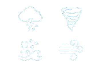 Weather symbols representing lightning, tornado, ocean waves, and wind patterns