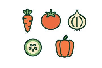 Colorful vegetables including carrot, tomato, onion, cucumber, and bell pepper arranged in a simple illustration