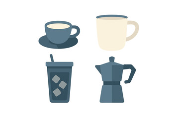Variety of coffee cups and brewing equipment displayed together on a light background