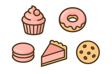Colorful collection of sweet desserts including cupcake, donut, macaroon, pie, and cookie on a simple background