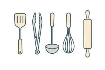 Kitchen utensils displayed in a row showing essential cooking tools for baking and meal preparation