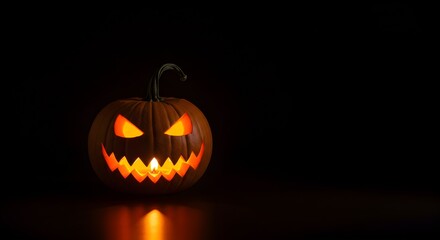 Fototapeta premium Minimalist Halloween poster design, dark background, single glowing pumpkin face, clean composition, perfect for graphic design template