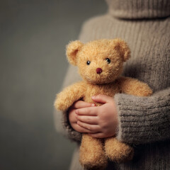 Child holding cute brown teddy bear in cozy knitted sweater warm embrace