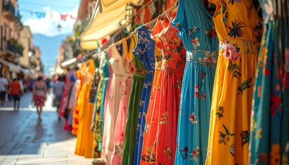 Colorful dresses hanging on a street market