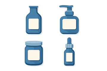 Various blue cosmetic containers with blank labels on a white background for branding possibilities