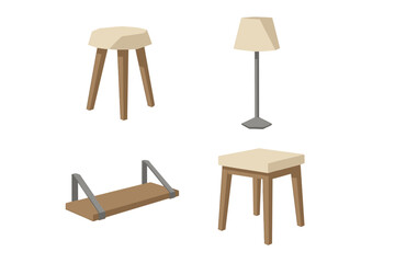 Stylish minimalist furniture set featuring a stool, lamp, bench, and square table in neutral tones