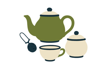Stylish green teapot and cream-colored tea accessories arranged for afternoon tea at home