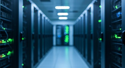 Modern data center server room glows with futuristic technology and glowing lights