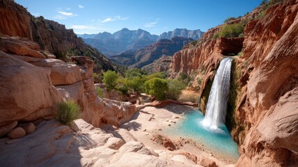 Dramatic Waterfall Plunging into Turquoise Pool in Red Rock Canyon Under Clear Blue Sky Cinematic HDR Landscape