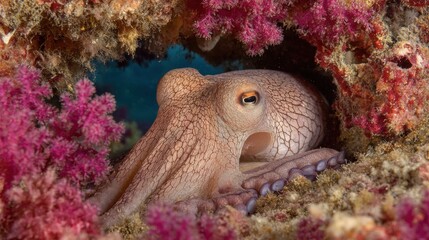 Octopus in Coral Reef Den