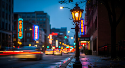 Fototapeta premium Blurred City Lights Illuminate a Rainy Street at Dusk with a Vintage Lamp Post