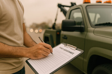 Mechanic filling out road assistance form with clipboard beside green tow truck during roadside emergency service