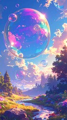 Colorful fantasy landscape with large bubbles