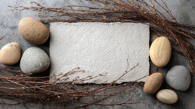 Blank paper with stones and branches - Powered by Adobe