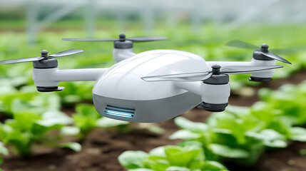 A white drone hovers over green leafy crops in a greenhouse setting, capturing aerial imagery for agricultural monitoring.
