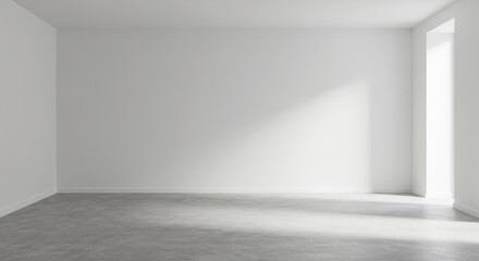 Empty bright room under renovation with clean walls and unfinished floor