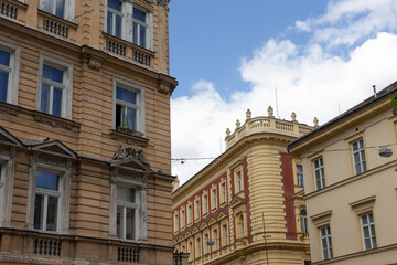 Facade of a historic building in Europe. European history and preservation of historic structures.