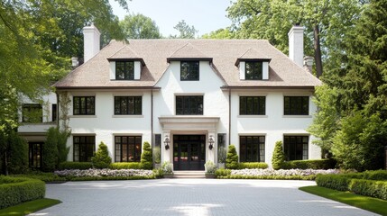 A charming farmhouse showcases its traditional architecture with black windows and a grand front door, complemented by lush green hedges in the background