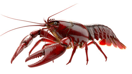 Detailed photorealistic render of a red crawfish with large claws isolated on a transparent background