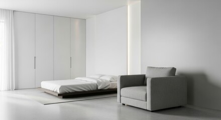 Serene bedroom scene featuring modern minimalist design and gray armchair