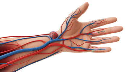 Human hand and forearm vascular system with arterial venous malformation isolated on a transparent background
