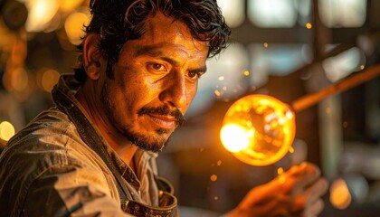 Skilled craftsman shaping glowing molten glass with focused expression, symbol of dedication, tradition and creativity in fiery workshop atmosphere of artisanal design