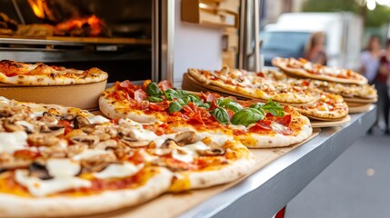 Street food pizza truck oven preparing artisan pizzas