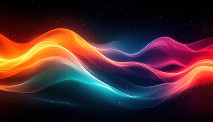 Abstract colorful flowing waves of light in motion on dark background, symbolizing energy, creativity and futuristic digital visualization in vibrant tones
