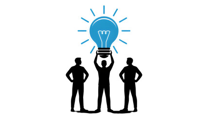 Stylized blue lightbulb glowing above silhouetted figures isolated on a transparent background idea inspiration