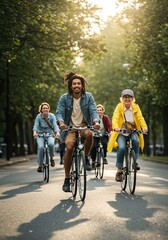 Fototapeta premium Group of Diverse People Riding Bicycles on Tree-lined Street in Sunny Weather