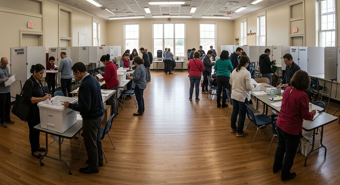 Crowded Voting Station with People Casting Ballots in Well-lit Large Room