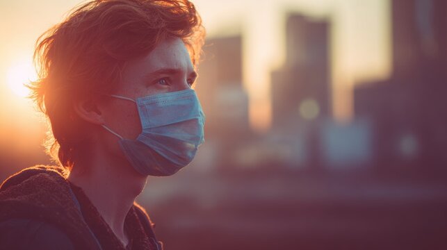 Man Wearing Surgical Mask at Sunset