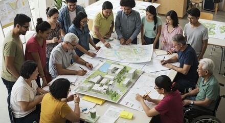 Group of Diverse Architects and Urban Planners Discussing Building Models in Modern Office