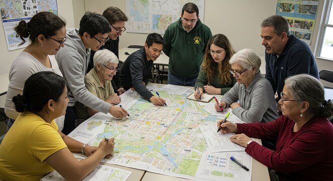 Diverse Group of People Collaborating on Large City Map in Conference Room