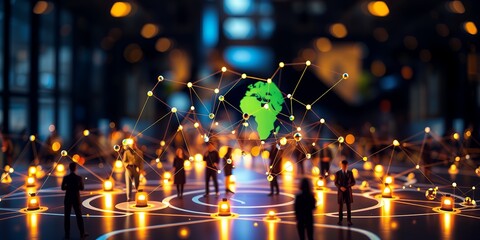 Global network connections visualized with glowing nodes and a green earth map with blurred figures