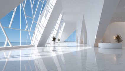 Obraz premium Modern, bright, white interior with expansive ocean views