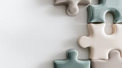 Obraz premium Minimalist puzzle pieces in soft teal and neutral gray tones interlocked on white surface with copy space