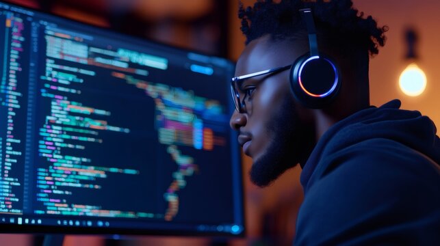 Programmer man coding developing software on computer with headphones - Powered by Adobe