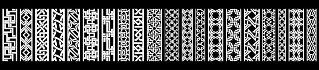 Vector set of 20 ornamental borders with complex geometric and abstract designs. Ideal for frames, trims, dividers, ethnic motifs, and decorative projects.