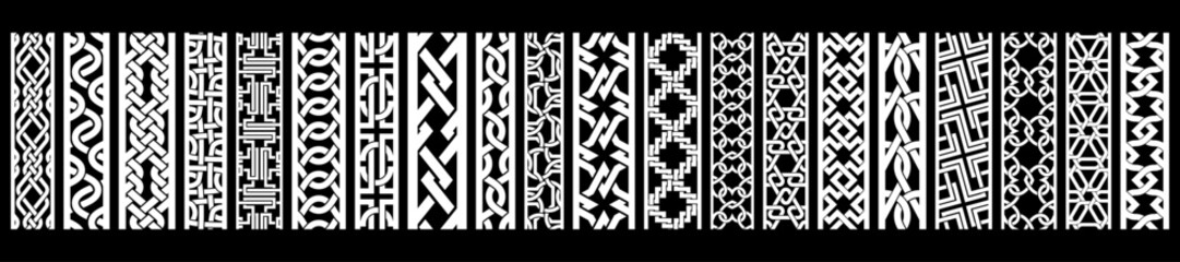 Decorative vector pack of 20 patterned borders with abstract, Celtic, and geometric styles. Useful for frames, dividers, digital decoration, and traditional design.
